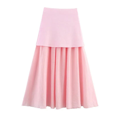 ETJ 2025 spring new  women's elegant fashion same color splicing small pleated hem high waist knit skirt