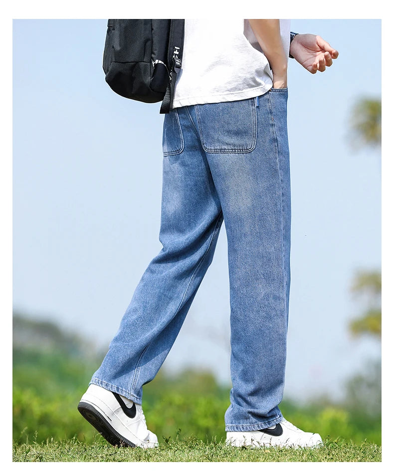 Mens Minimalist Loose Straight Wide Leg Denim Jeans 2025 Autumn Winter Retro Drape Comfortable Casual Pants Plus Size 38.