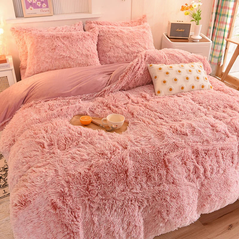 3Pcs Super Shaggy Coral Fleece Warm Cozy Princess Bedding Set Mink Velvet Duvet Cover Set Bed Comforter Cover Blanket Pillowcase