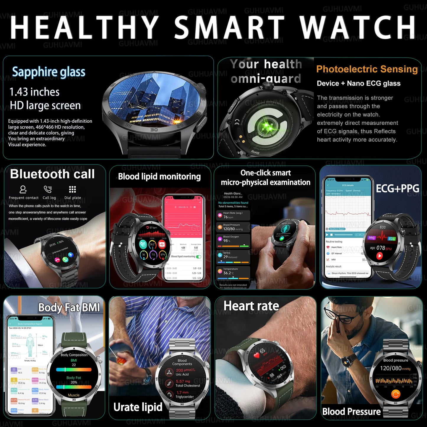2025New Micro Physical Examination Blood Lipids Uric Acid Blood Pressure Smart Watch ECG+PPG Clock Bluetooth Call Smartwatch Men.