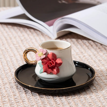 120ml Ceramic Coffee Cup Saucer Set Hand Pinched Flowers with Hand and Dish Milk Tea Porcelain Drinkware Tableware Gift.