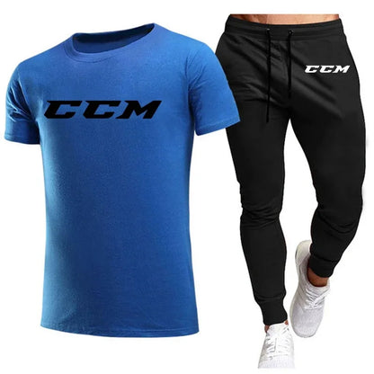 CCM New Men's Tracksuits summer men's sets fitness wear short-sleeved T-shirts+trousers set cotton brand Men's clothing.