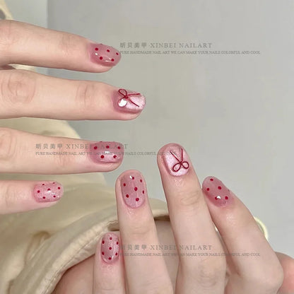 10pcs Ballet Short Nail Tips Set-Glossy Finish Polka Dot & Solid Color Designs with 3D Bow Accents Nail Art for Women and Girls.