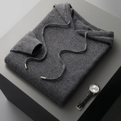 100% Cashmere Sweater Men's Ready-To-Wear Hooded Knitted Pullover Autumn Winter Long Sleeved Sweater Casual Sports Hoodie Top