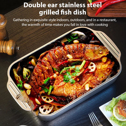 Stainless Steel Grilled Fish Pan Large Capacity with Lid Oven BBQ Plate Easy To Clean Rectangular Roaster Pan Fried Beef Seafood.