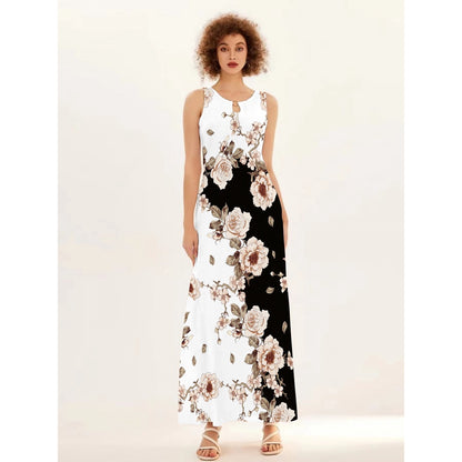 Blumendruck Neues lässiges ärmelloses langes Kleid Damen V-Ausschnitt bedrucktes Kleid Swing Bohemian Retro Kleider