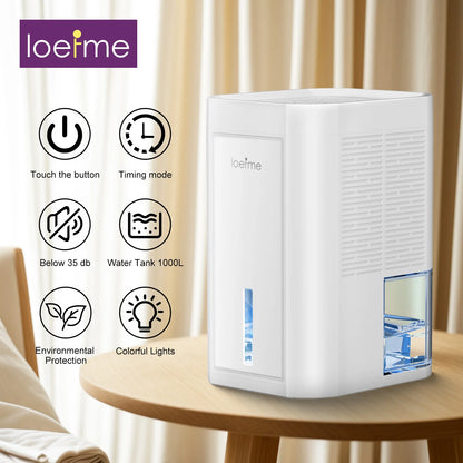 LOEFME 1.0L Air Dehumidifier Portable Silent Home Air Dryer Absorbers Machine with LED for Mould Moisture Damp Large Water Tank.