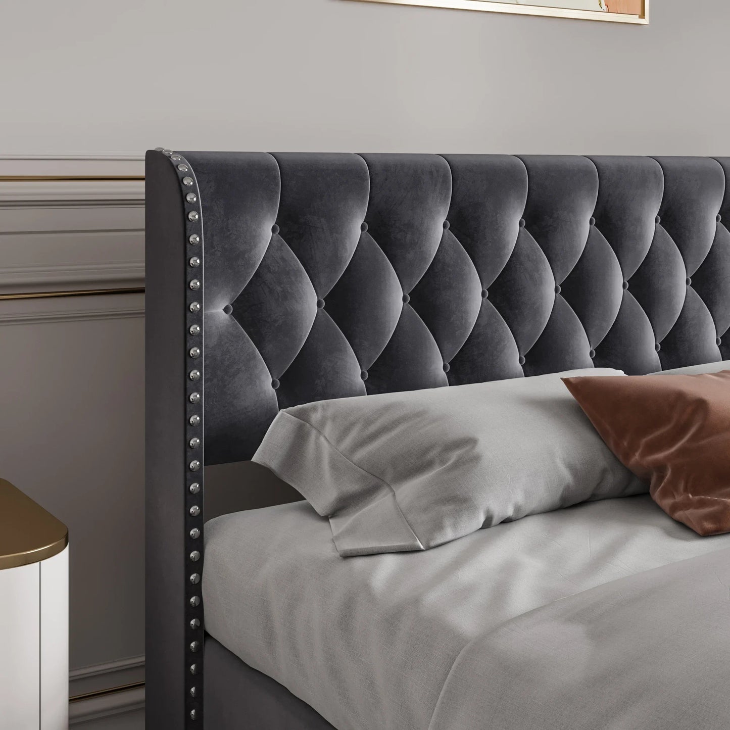 Rosahqnda Polsterbett 180 x 200 cm, hydraulisches Bett mit Aufbewahrungsfunktion, eleganter Bettrahmen im europäischen Stil, Erwachsene, Grau, Samt