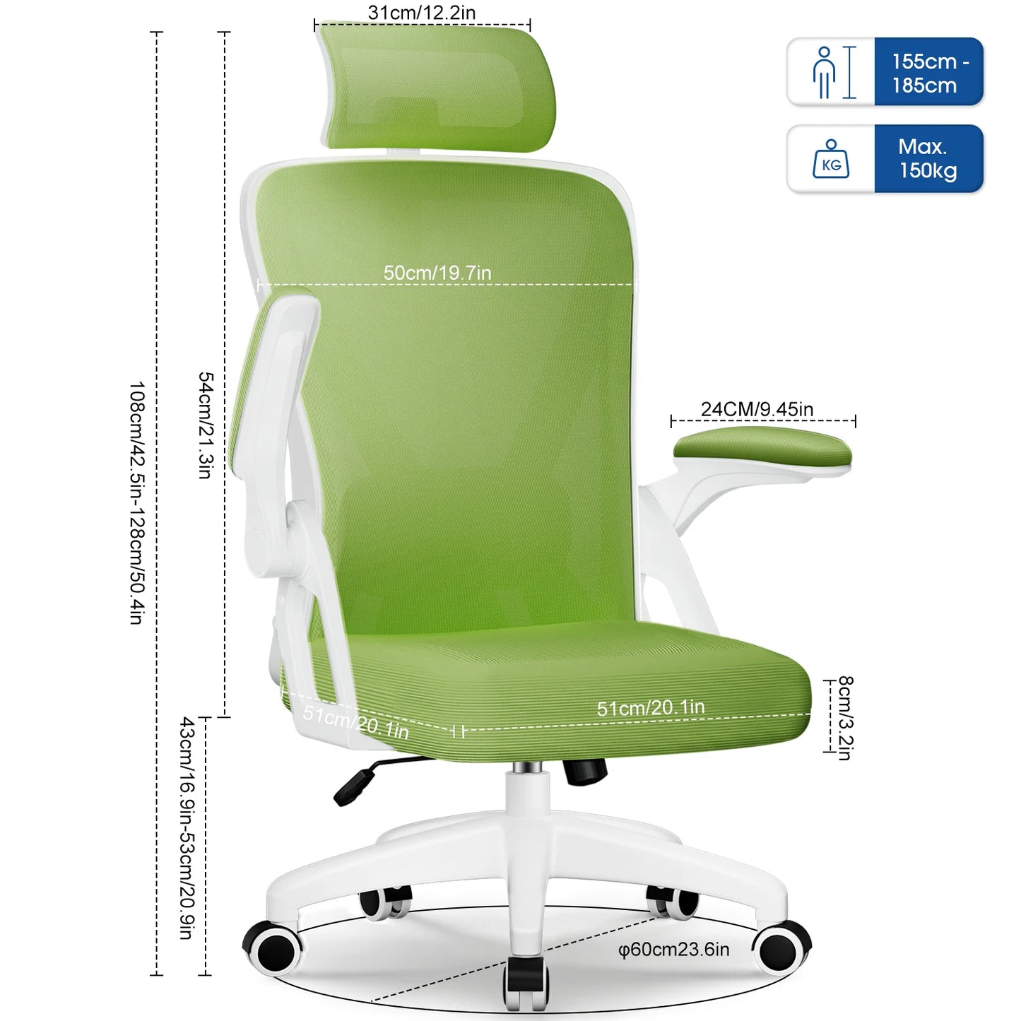 AUTHMIC Ergonomischer Bürostuhl (grün), verstellbare Kopfstütze, Lordosenstütze, drehbarer Schreibtischstuhl mit klappbaren Armlehnen