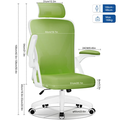 AUTHMIC Ergonomischer Bürostuhl (grün), verstellbare Kopfstütze, Lordosenstütze, drehbarer Schreibtischstuhl mit klappbaren Armlehnen