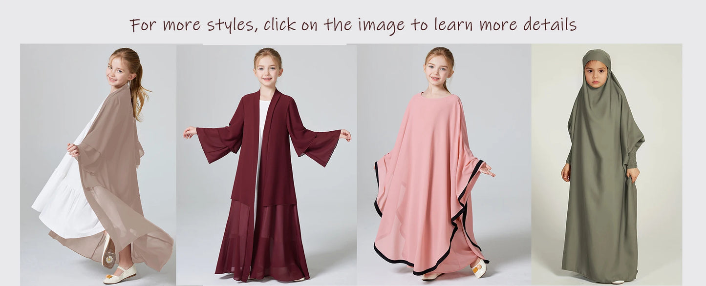 Ramadan Muslim Girls Long Sleeve Chiffon Kids Abaya 2PCS Dress Kebaya Casual Dresses For Party Ramadan Gift (Without Hijab).