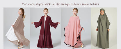 Ramadan Muslim Girls Long Sleeve Chiffon Kids Abaya 2PCS Dress Kebaya Casual Dresses For Party Ramadan Gift (Without Hijab).