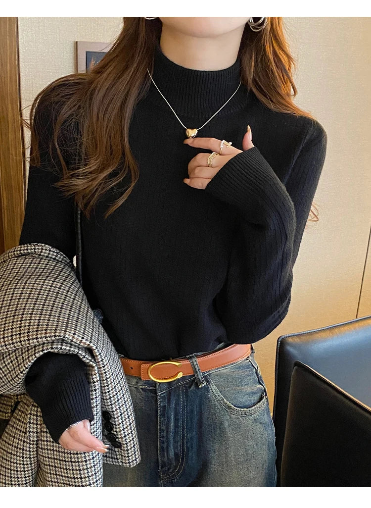Women's Turtleneck Sweater Winter 2025 Retro with Velvet Lining Thickened Inner Wear Thermal Knitting Bottoming Shirt Pullovers
