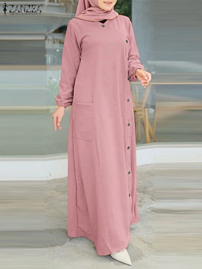 ZANZEA Muslim Casual Loose Long Dresses Textured O Neck Buttons Long Sleeve A-line Vestidos Women 2024 Islamic Hijab Abaya Robes.