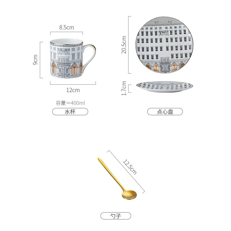 European-style Roman Architecture Ceramic Disc Coffee Cup Snacks Main Course Plate Kitchen Tableware Coffee Mug Storage Tray.