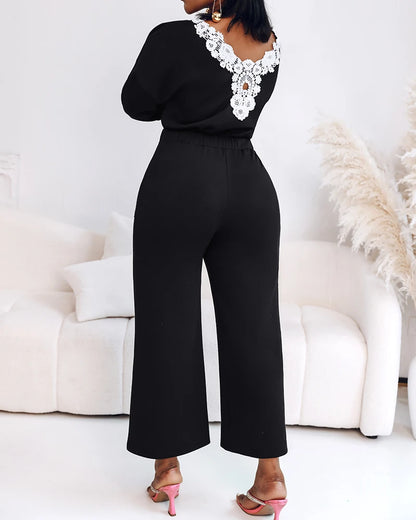 Women's Backless Lace Contrast Detail Jumpsuit Drop Shoulder Long Sleeve Casual Elastic Waist Wide Leg Overalls.