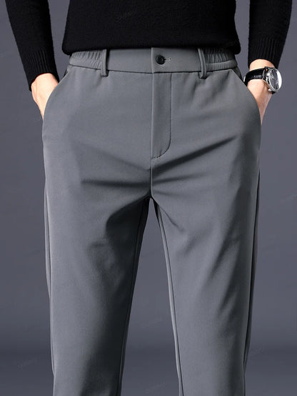Autumn Winter Casual Pants Men Thick Business Stretch Slim Elastic Waist Jogger Outdoors Korean Classic Grey Black Trousers Male