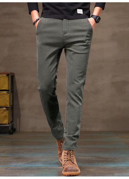 Men's Business Casual Pants Stretch Slim Fit Straight Semi-elastic Waist Trousers Solid Classic Office Work Male Clothing.