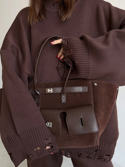 Two Piece Ripped Set Women Knit Tracksuits O Neck Long Sleeve Casual Baggy Sweatshirts+ Joggers Pants Outfits 2025 Fall Winter