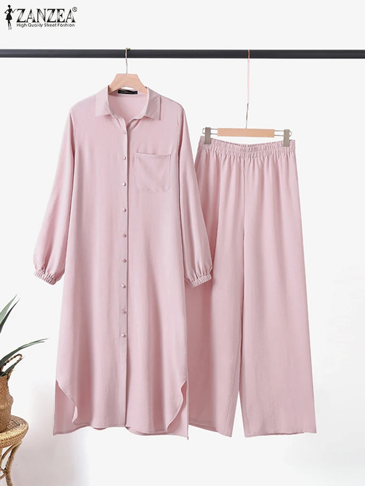 ZANZEA Herbst Muslimischen Sets Türkei Dubai Abaya Frauen Langarm-shirt Set Kausalen Hosen Anzüge Abayas Für Frauen IsIamic Outfits.