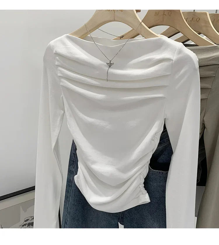 Spicy Girl Style One-Collar Ruffles Cropped Long Sleeve T-Shirt Women's Autumn/Winter New Arrival Base Layer Sweatshirt.