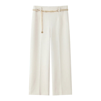 HH Women Solid Pant Set Long Sleeve O-Neck Double-Breasted Blazers+High Waist Chain Matching Side Zipper Trousers Sets