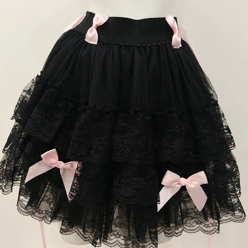 Multilayered Lace Skirts for Sweet Girls Summer Ribbons Bows Decoration Elastic Waist Lolita Style White Skirt Kawaii Clothes.