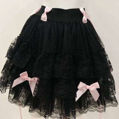 Multilayered Lace Skirts for Sweet Girls Summer Ribbons Bows Decoration Elastic Waist Lolita Style White Skirt Kawaii Clothes.
