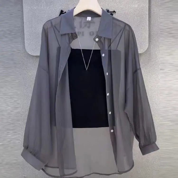 Sheer Chiffon Shirt Women's Casual UV Resistant Cardigan Summer Thin Commuting Coat Japanese Fashion Mesh Sunscreen Clothing Y2k