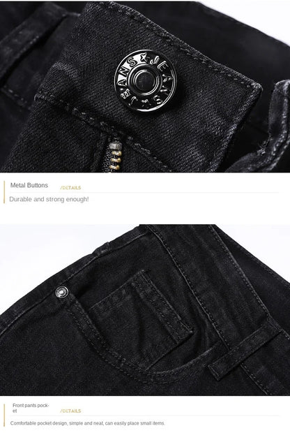 Spring Autumn New Men's Pure Black Slim Jeans Elastic Straight Pants Business Fashion Leisure Korean Vintage Denim Pants Male