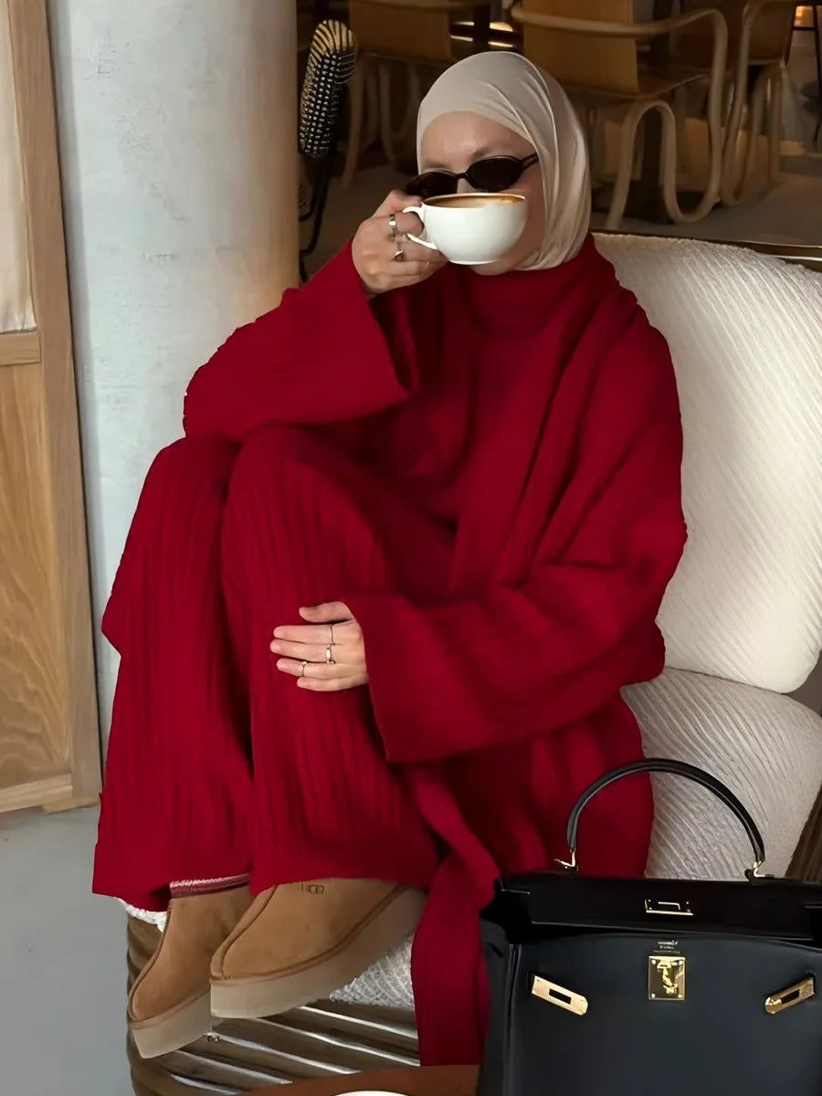 Bornladies Herbst Winter Mode frauen Neue Zopfmuster Pullover Breite Bein Hosen Set Weiche Wolle Mischung Lose Fit High Neck Pullover