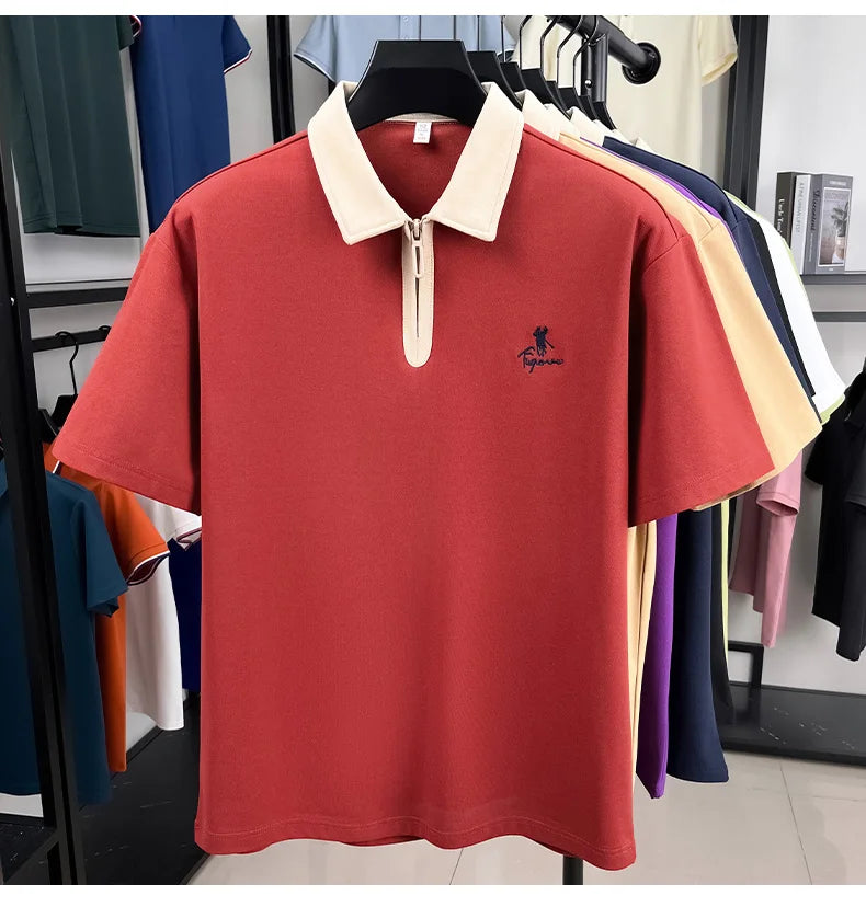 Luxury brand short sleeve polo shirt men's fashion Pony embroidered summer trendy breathable casual color blocked lapel T-shirt.
