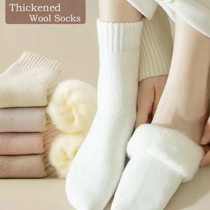 3 Pairs Wool Socks Women Winter Warm Thicken Snow Boot Markron Color Plush Hairy Soft Mid Tube Stockings Floor Sleep Socks White.