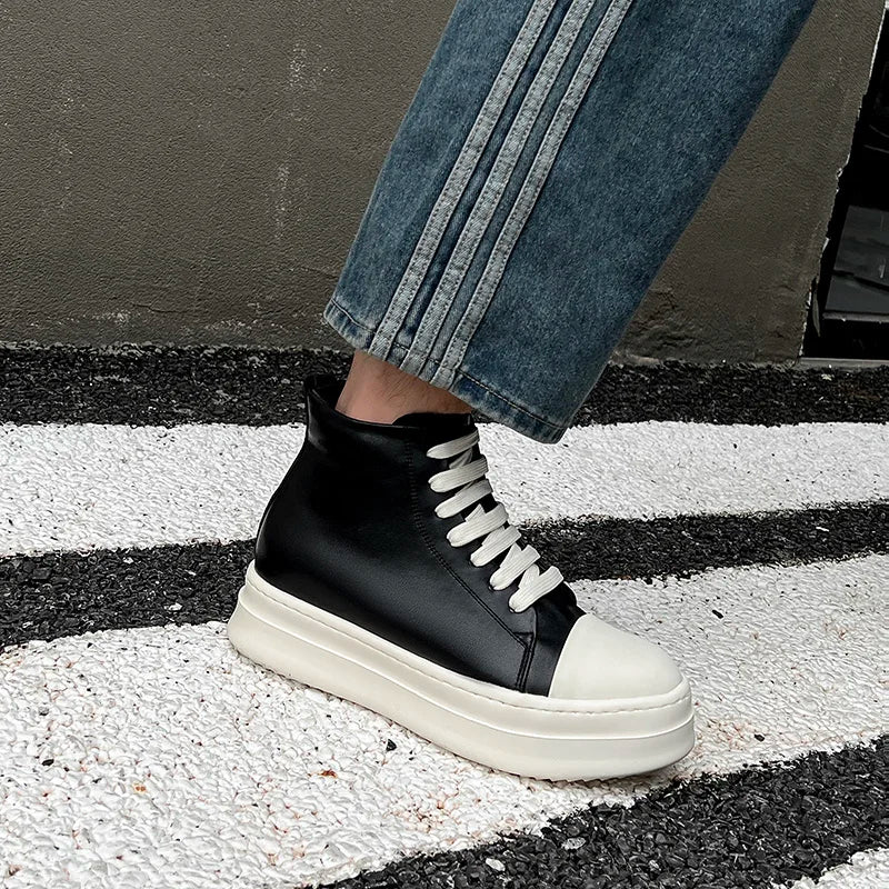 Street Style Ankle Boots for Men Genuine Leather High Top Shoes Fashion Brand Motorcycle Boots Thick Bottom  Male Walking Shoes.