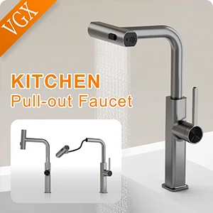 VGX Brushed Kitchen Faucet Sink Faucets Rubber Pull Down Stream Sprayer Taps Rotatable Kitchen Mixer Water Tap Hot Cold Crane