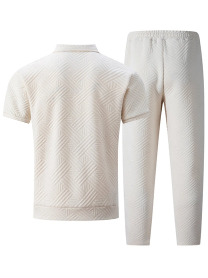 2025 Men's Casual and Fashionable short-sleeved jacket and shirt with solid-colored drawstring trousers two-piece set.