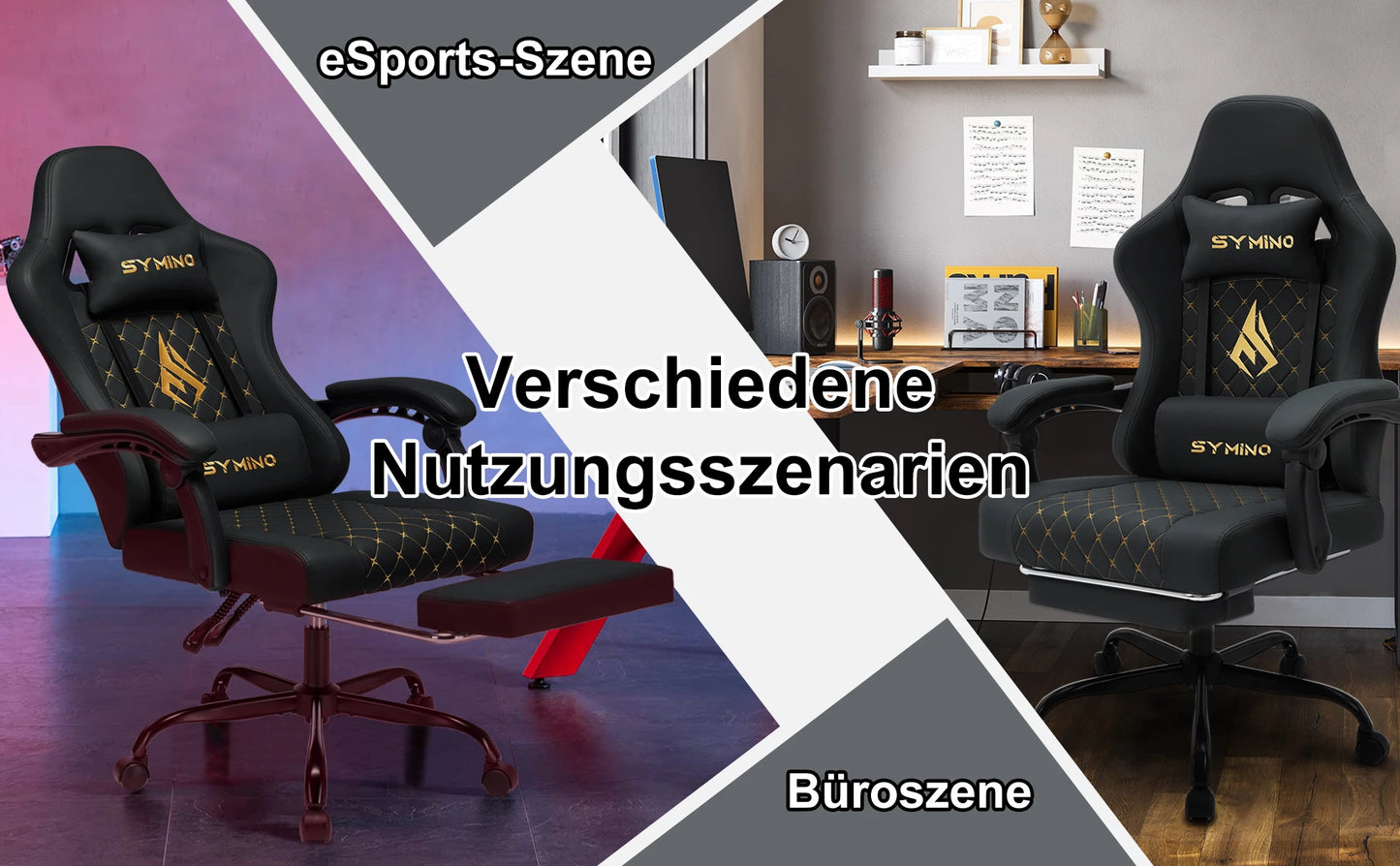 Symino Gaming-Stuhl im Rennstil, Bürostuhl mit Fußstütze und verstellbaren Armlehnen, 200 kg Tragfähigkeit