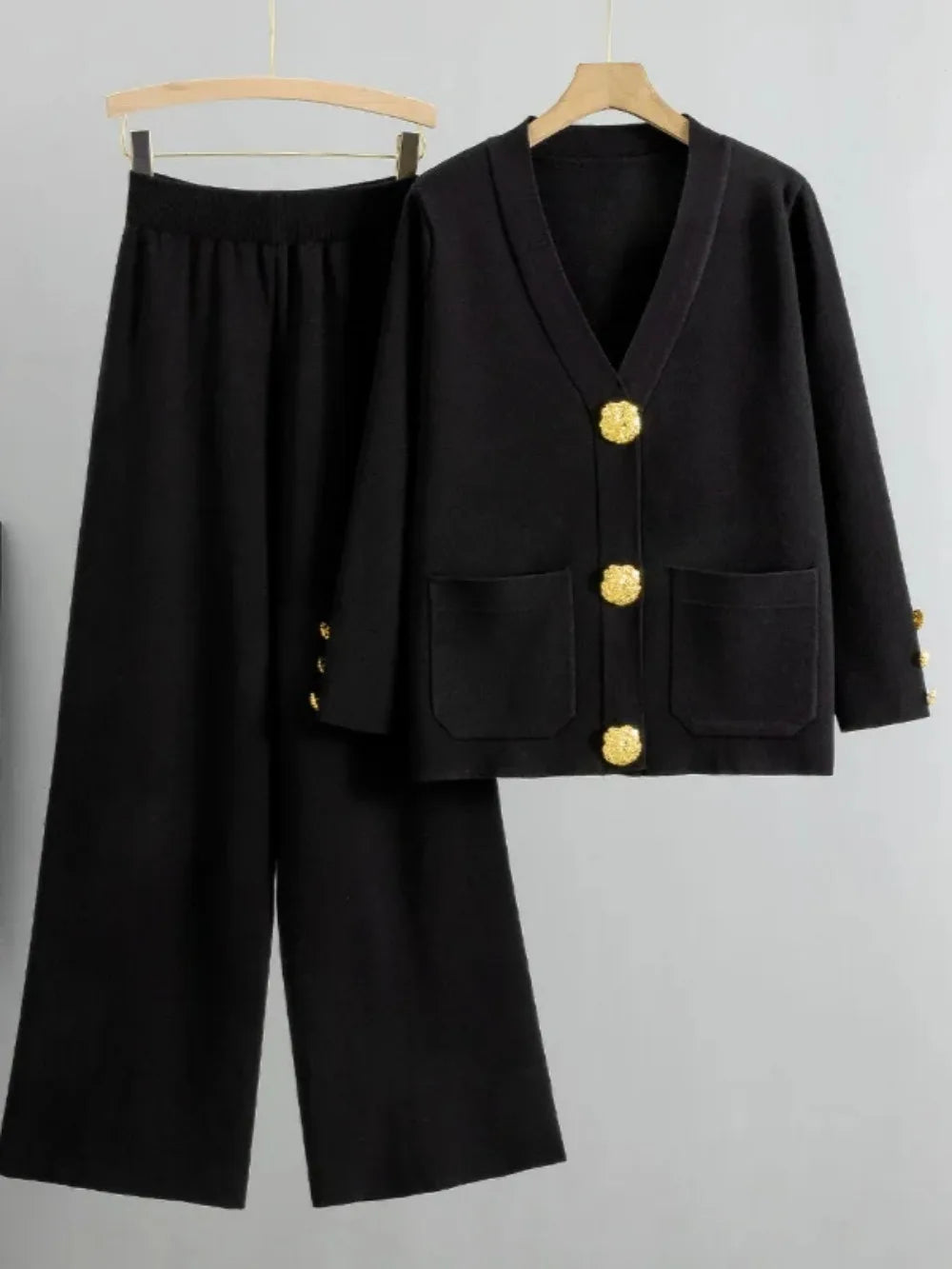 2 Piece Sets Muslim Ensemble Knitting Outfits Women Cardigan Sweater Buttons Pockets Knit Wide Leg Pants Suit Casual Knitwear.