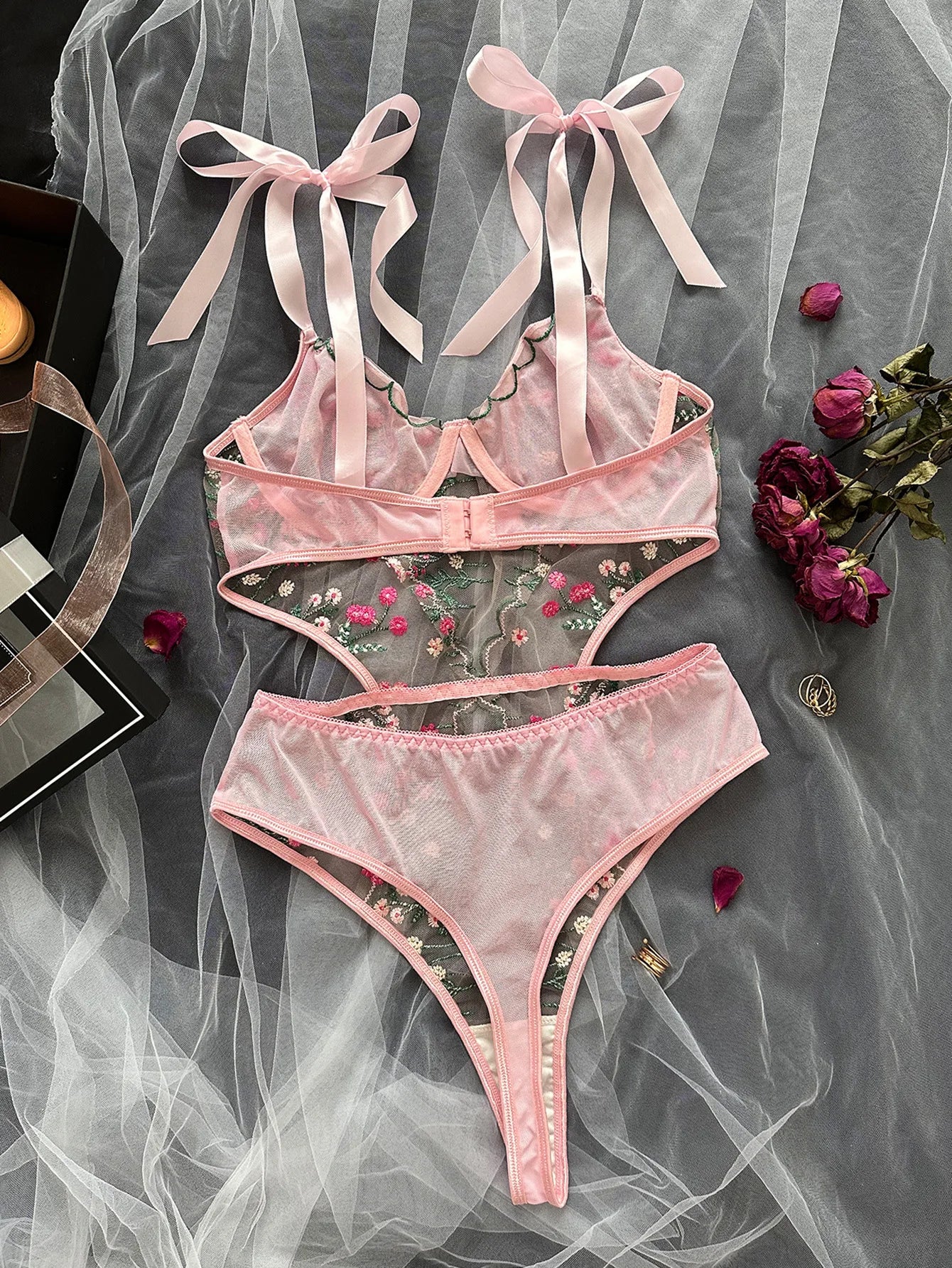 Sexy Pink Floral Embroidery Lingerie Bodysuit Hollow Out Strap Bow Tie Underwear Playsuit Backless Patchwork Mesh Erotic Romper.