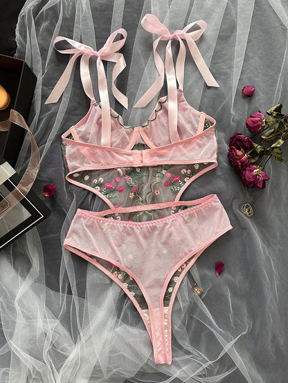 Sexy Pink Floral Embroidery Lingerie Bodysuit Hollow Out Strap Bow Tie Underwear Playsuit Backless Patchwork Mesh Erotic Romper.