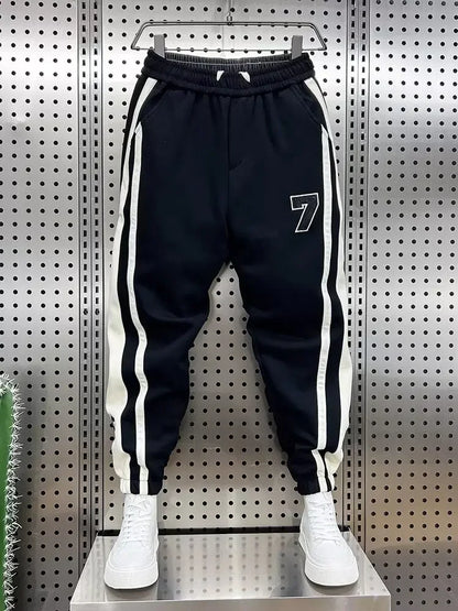Fashionable Striped Color Blocking Sweatpants 2024 Autumn/Winter Men's New Casual Ankle Pants Patchwork Warm Harem Trousers.
