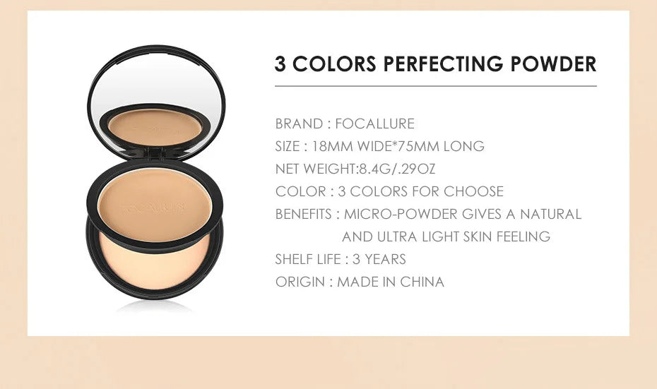 FOCALLURE 3 Colors Make Up Face Powder Brighten Oil-control Nude Makeup Pressed Powder Foundation Makeup Base Cosmetics.
