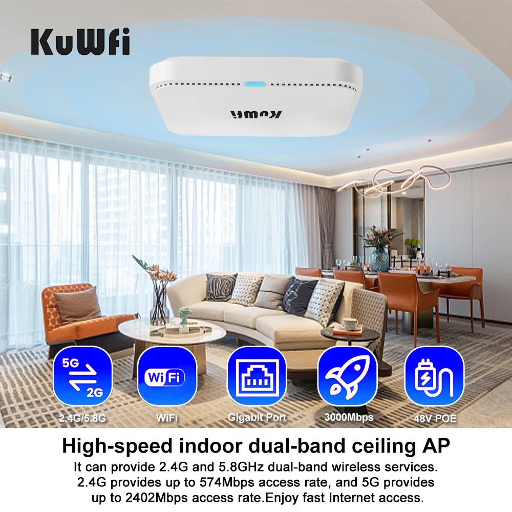 KuWFi 3000Mbps Ceiling AP 2.4G 5G Dual Band Wifi 6 Indoor Wireless Router Wifi Access Point 48V Poe Wi fi Signal Amplifier.