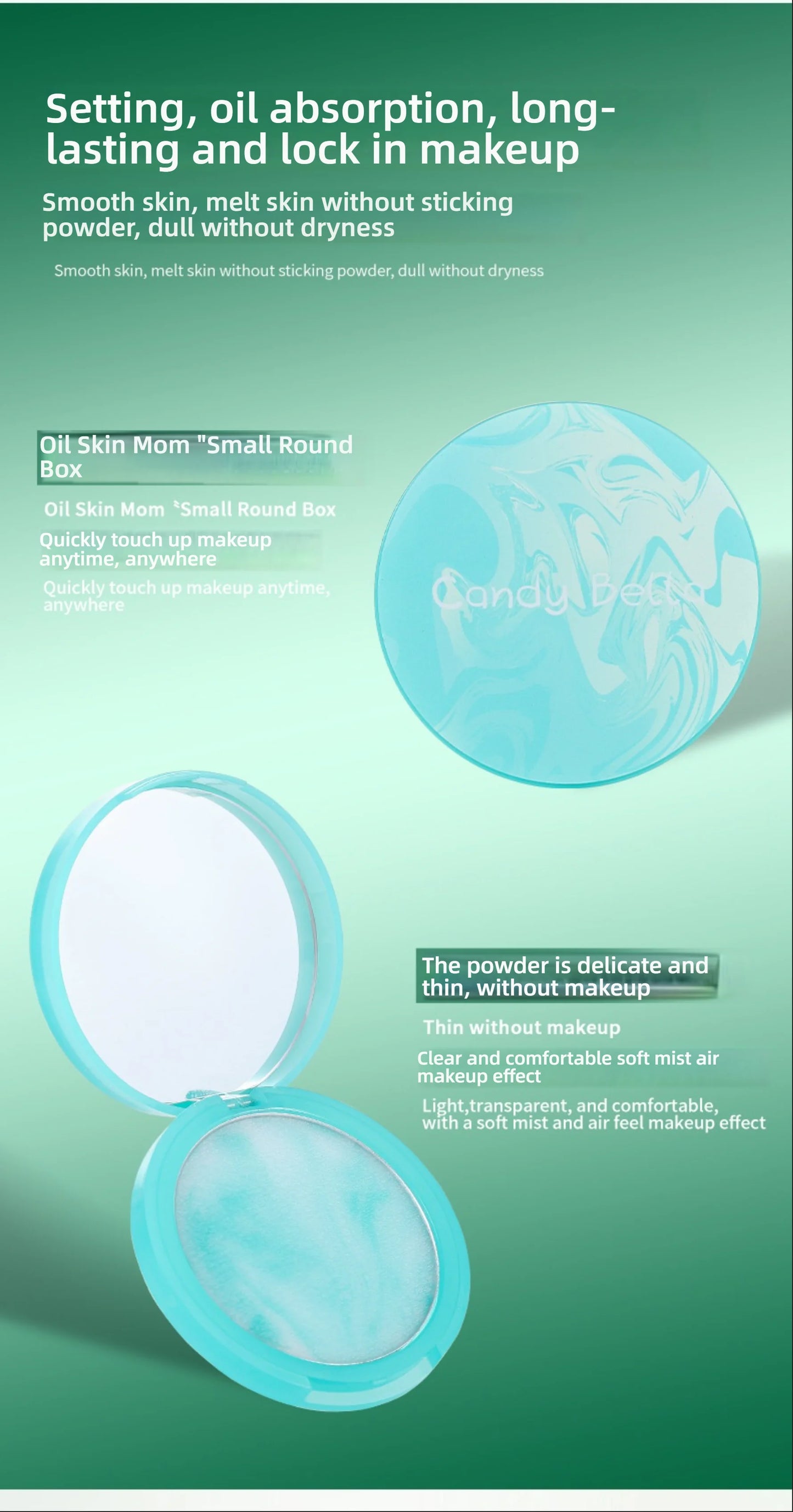 CandyBella Emerald Green Pressed Powder - Oil Control Finisher & Bronzer, Lightweight Invisible, Buildable Natural Contour, New!