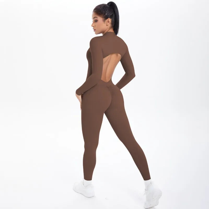 Women's Long Yoga Bodysuit with Half-Zip Sexy Back & Butt Lift for Fitness Running Outdoor Sportswear.