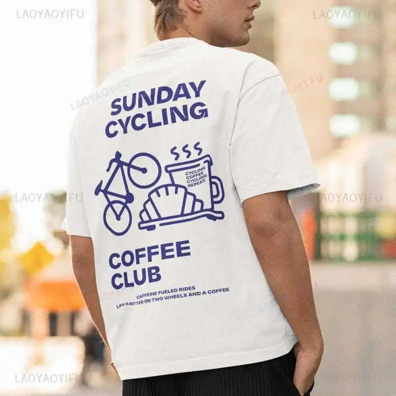 Sunday Cycling Coffee Club Graphic T Shirts Unisex Woman Man Summer Bicycle High Quality Cotton T-shirt Classic Breathable Tops.