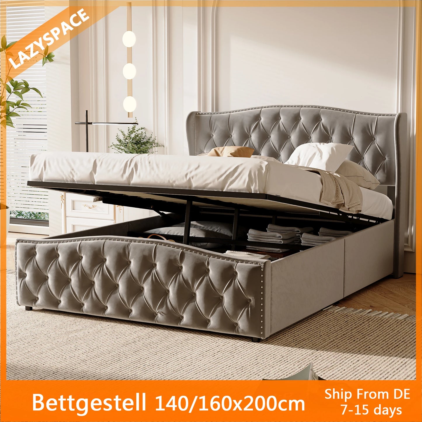 Lazyspace Hydraulisches Doppelbett 140x200cm/160x200cm, mit Stauraum, Lattenrost aus Holz, Baumwollleinen, ohne Matratze