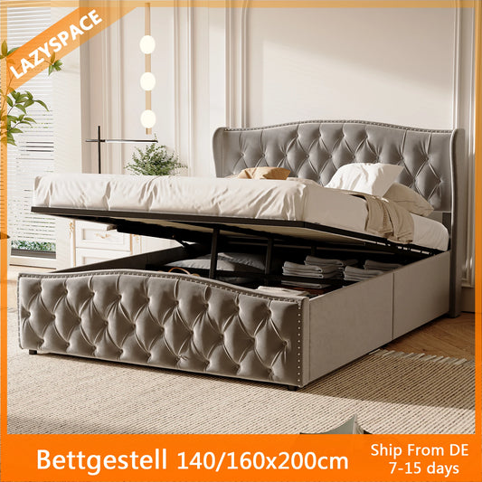 Lazyspace Hydraulisches Doppelbett 140x200cm/160x200cm, mit Stauraum, Lattenrost aus Holz, Baumwollleinen, ohne Matratze