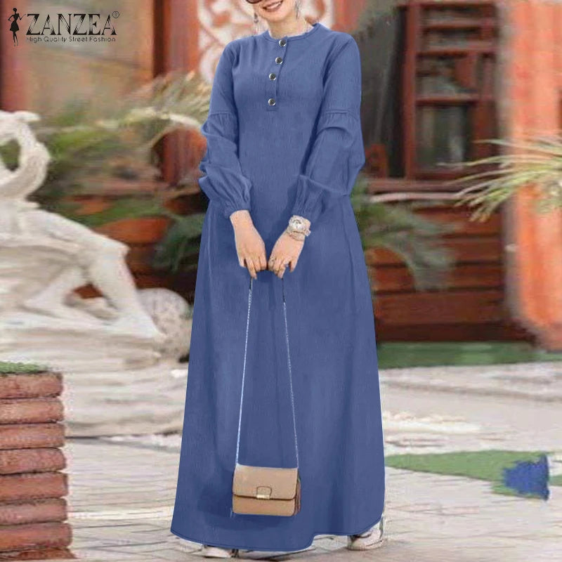 ZANZEA Muslim Women's Maxi Dress Islamic Hijab O Neck Half-Button Denim Blue Abaya Holiday Lantern Sleeve Loose Casual Vestidos.