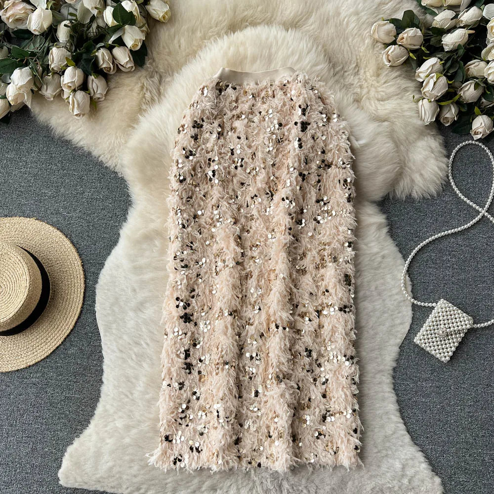 Skirts Women Autumn High Waist Midi Sequined Elegant Korean Fashion Back Slit A-line Loose Casual Simple All-match Faldas Largas.